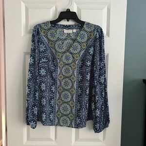 Belle Boho by Kim Gravel shirt. Size Small. Dark Blue. Light Blue, Lime.